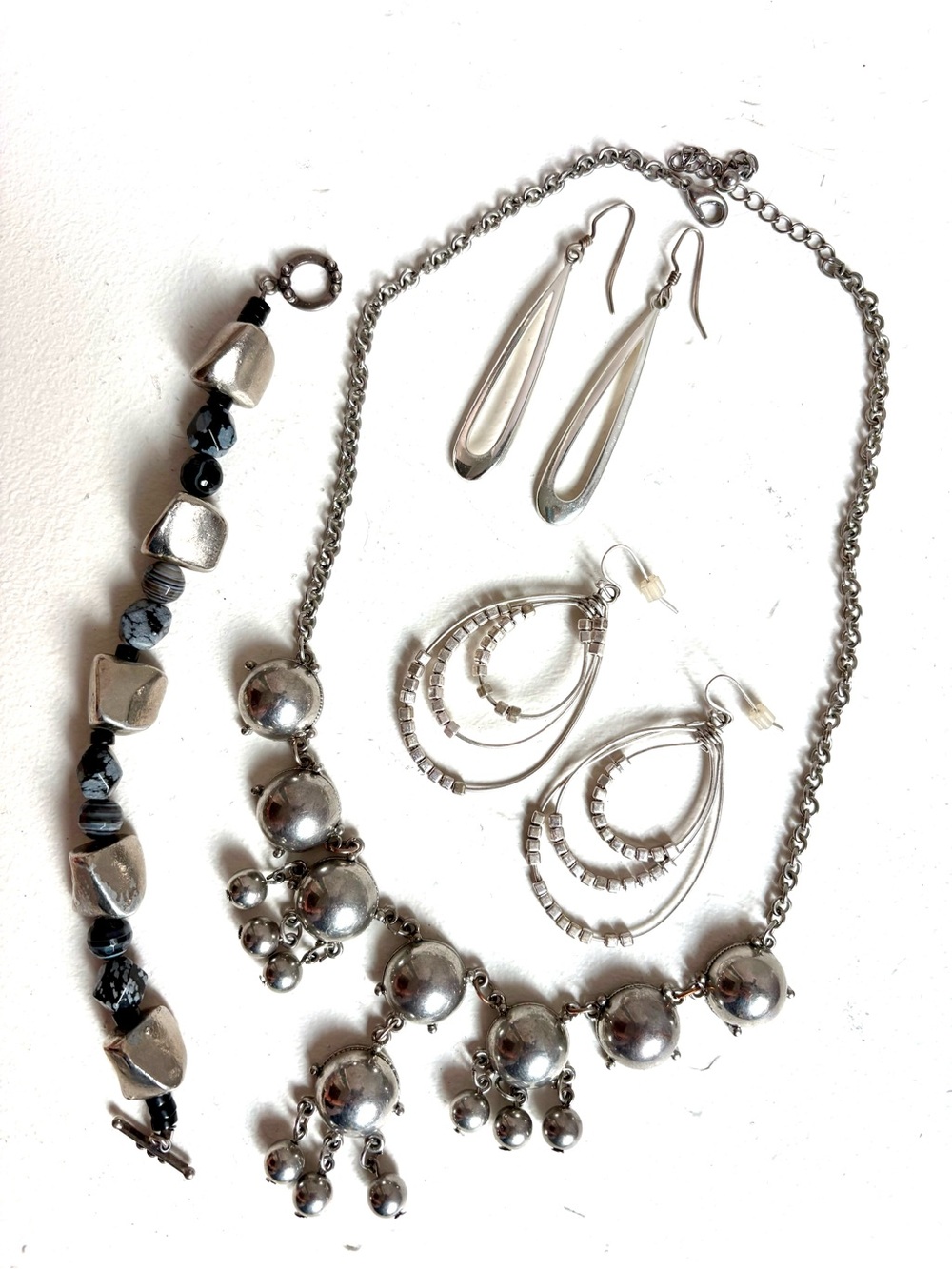 Silver-Tone Statement Necklace & Earring Set w bracelet- Silver